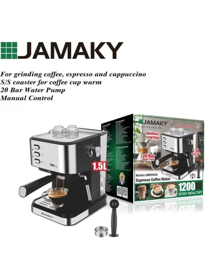 Jamaky Espresso and Cappuccino Coffee Maker, 1200W, 20 Bar, 1.5 Liter, Manual Control, Model JMK-9009 - Image 2